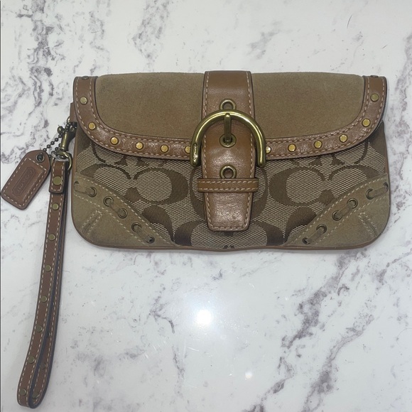 Coach Brown and Tan suede signature SoHo Wristlet wallet - Picture 1 of 2
